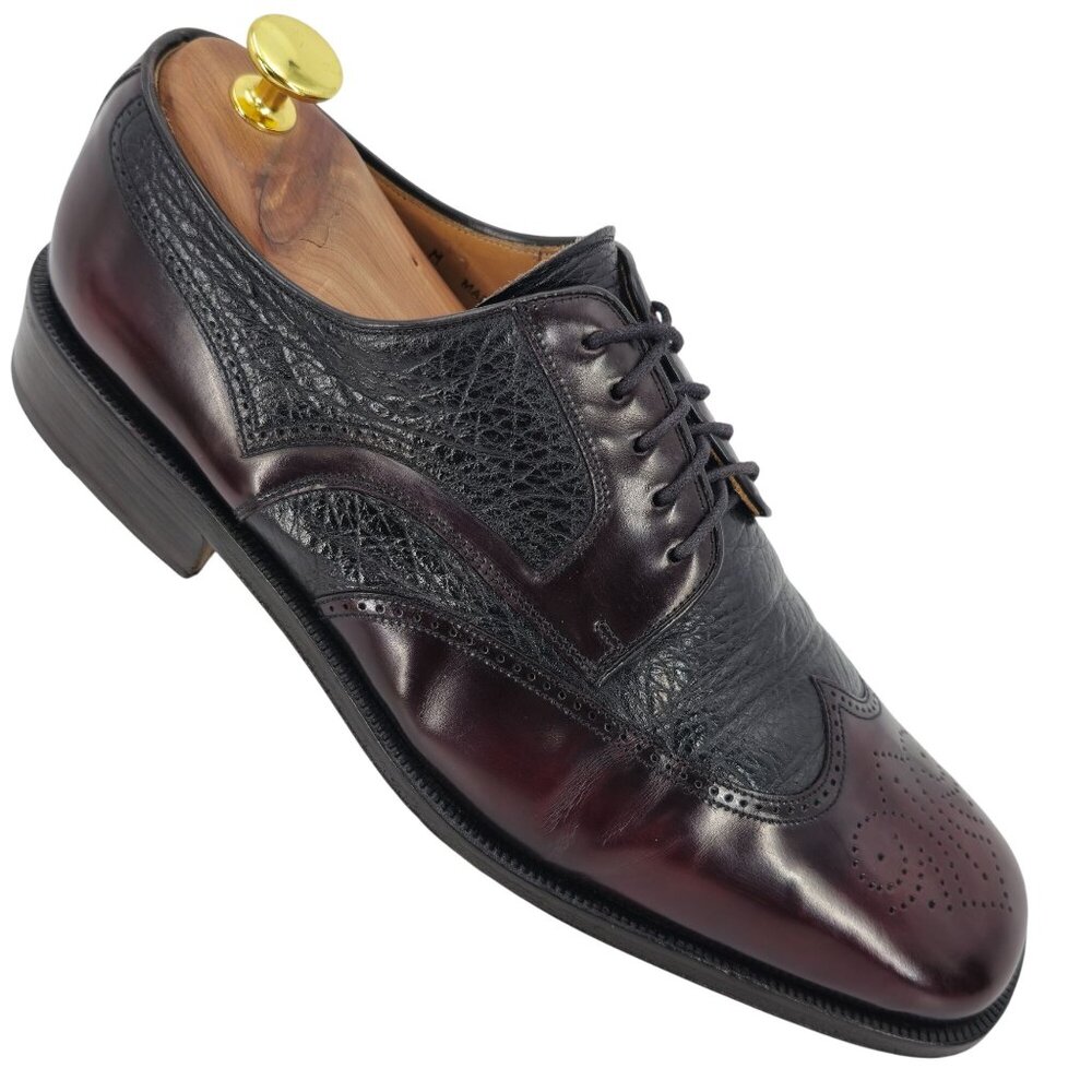 Vintage Magnanni Spain Men 10 Burgundy Black Leather Dress Shoes Wingtip Oxfords